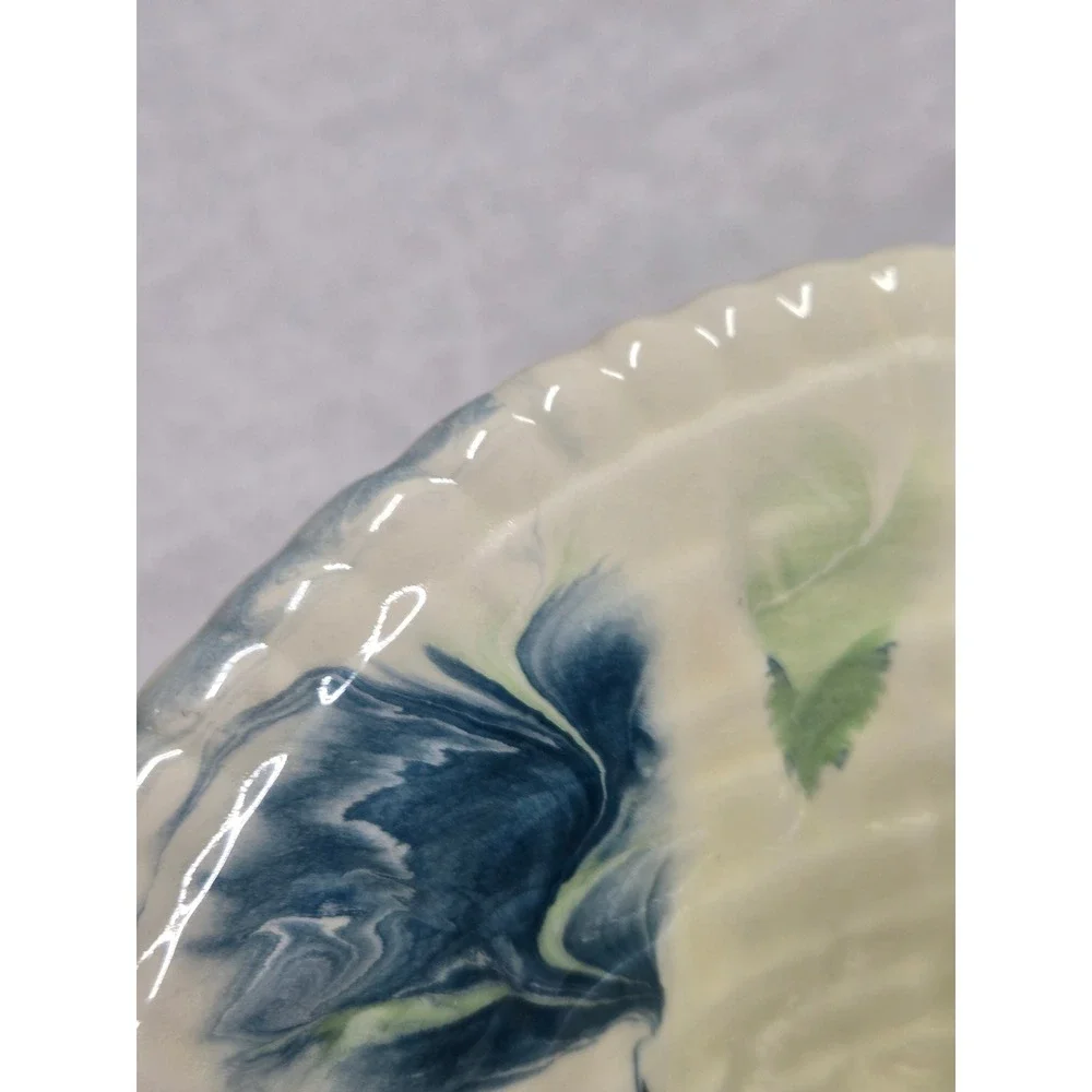 Vintage Signed Ceramic Marbled Blue Green Swirl Woven Basket Twisted Handle